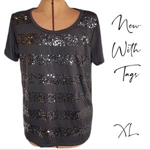 NWT XL Free Culture Charcoal Grey Sequin Stripe Short Sleeve Top with Zipper